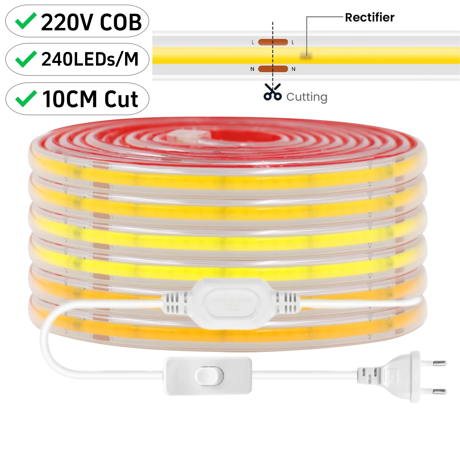 220V COB LED Strip Smart IC Lights IP65 Waterproof Tape Adhesive 10CM Cuttable Flexible Cabinet Wardrobe Home Lighting 10M 20M - Image 3