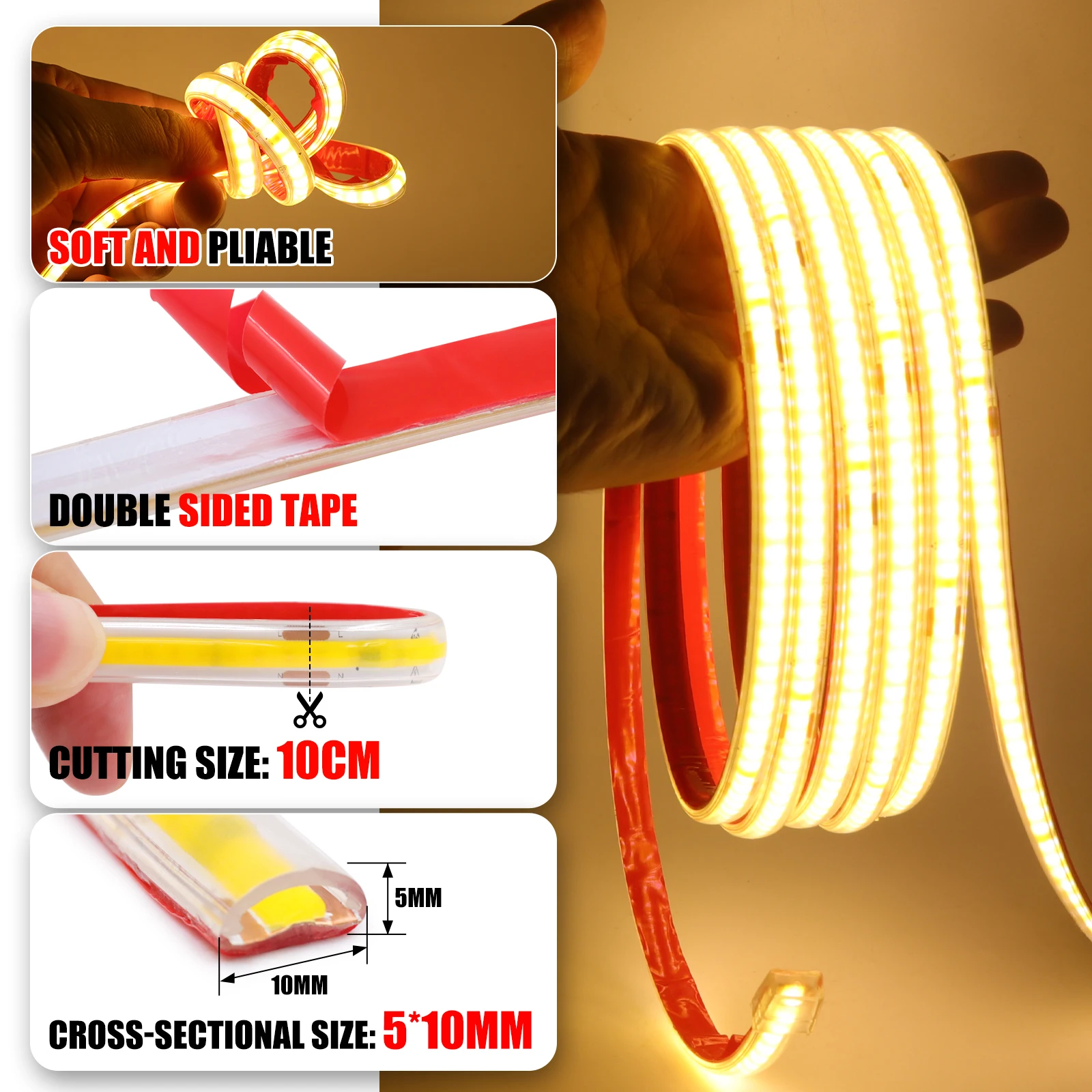 220V COB LED Strip Smart IC Lights IP65 Waterproof Tape Adhesive 10CM Cuttable Flexible Cabinet Wardrobe Home Lighting 10M 20M - Image 6