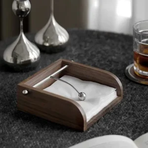 HeMu Premium Walnut Wood Napkin Holder with Metal Weighted Bar, Sturdy Tabletop Napkin Stand for Home, Cafe & Bar Decor