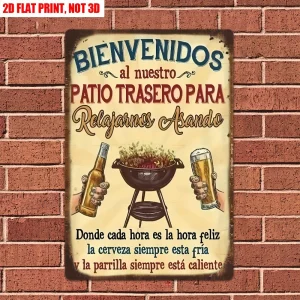 HD Tin Sign Vintage Spanish Backyard BBQ Wall Decor - Retro Grill Beer Patio Metal Poster for Outdoor Bar Man Cave Decor
