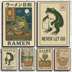 Retro Japanese Funny Frog in A Bathtub Sushi Kitchen Woodblock Animals Poster Canvas Painting Wall Pictures Home Bathroom Decor