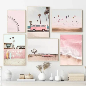 Nordic Summer Holiday Travel Beach Surf Ocean Pink Art Poster Canvas Painting Wall Art For Living Room Home Decoration