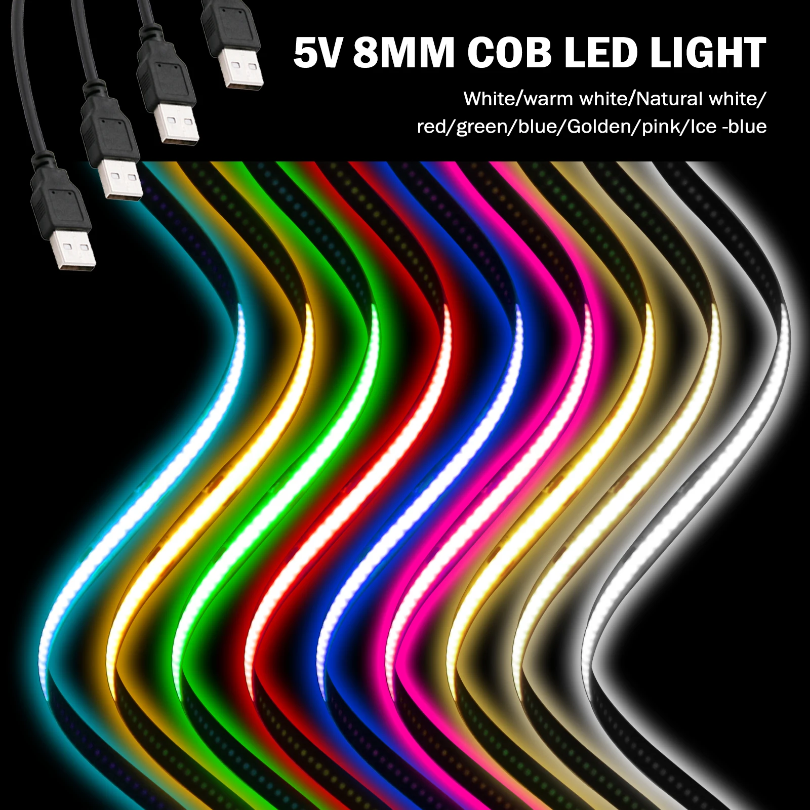 New USB COB Strip Light 5V 320Leds/m Blue/White/Red/Green Flexible Adhesive Tape Night Lighting TV Backlights Home Decor 3M 5M - Image 2
