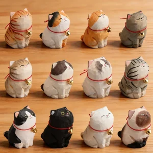 Cute Cat Animals Figurine Decorative Wooden Ornament Kitten Statue Calico Golden gradient cat Home Office Desk Car Decor Gift