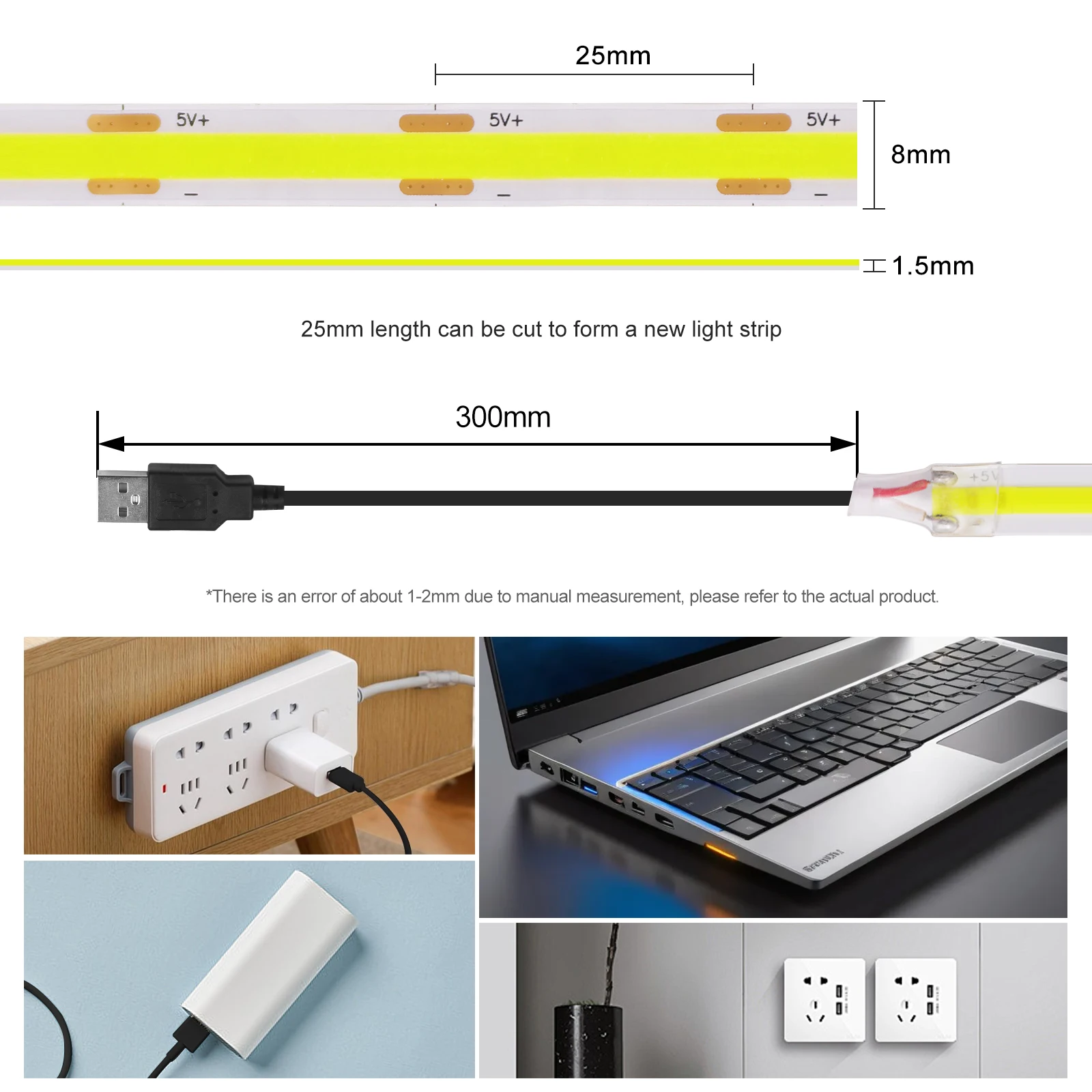 New USB COB Strip Light 5V 320Leds/m Blue/White/Red/Green Flexible Adhesive Tape Night Lighting TV Backlights Home Decor 3M 5M - Image 5