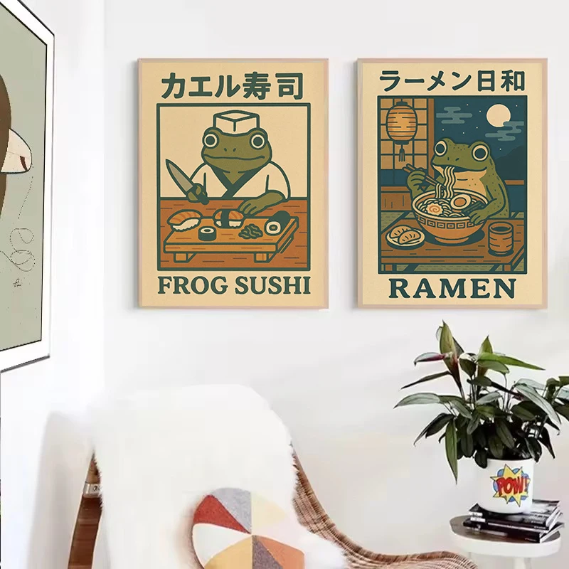 Retro Japanese Funny Frog in A Bathtub Sushi Kitchen Woodblock Animals Poster Canvas Painting Wall Pictures Home Bathroom Decor - Image 2